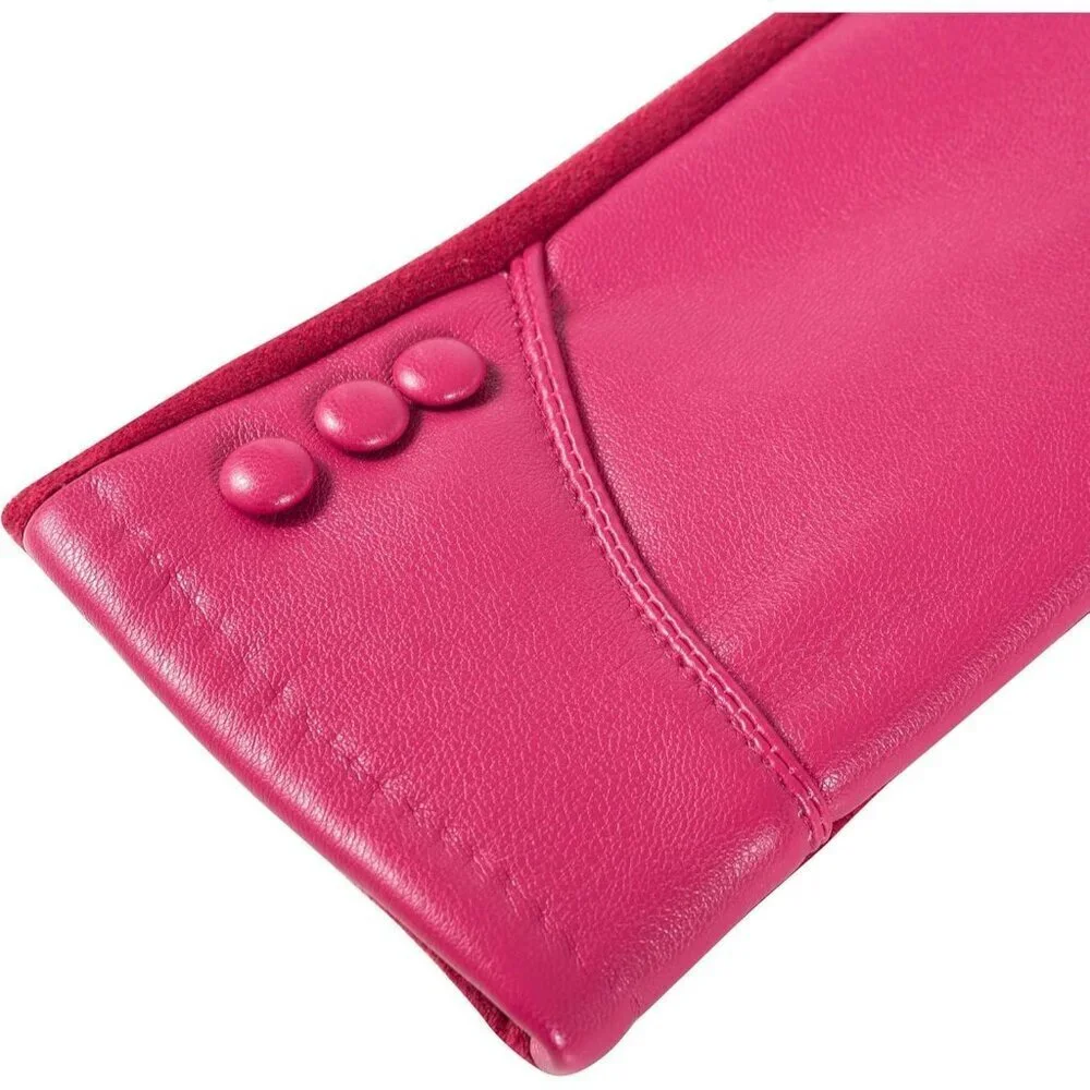 Women's Rose Red Winter Leather Suede Gloves Wool Lined Windproof Touchscreen